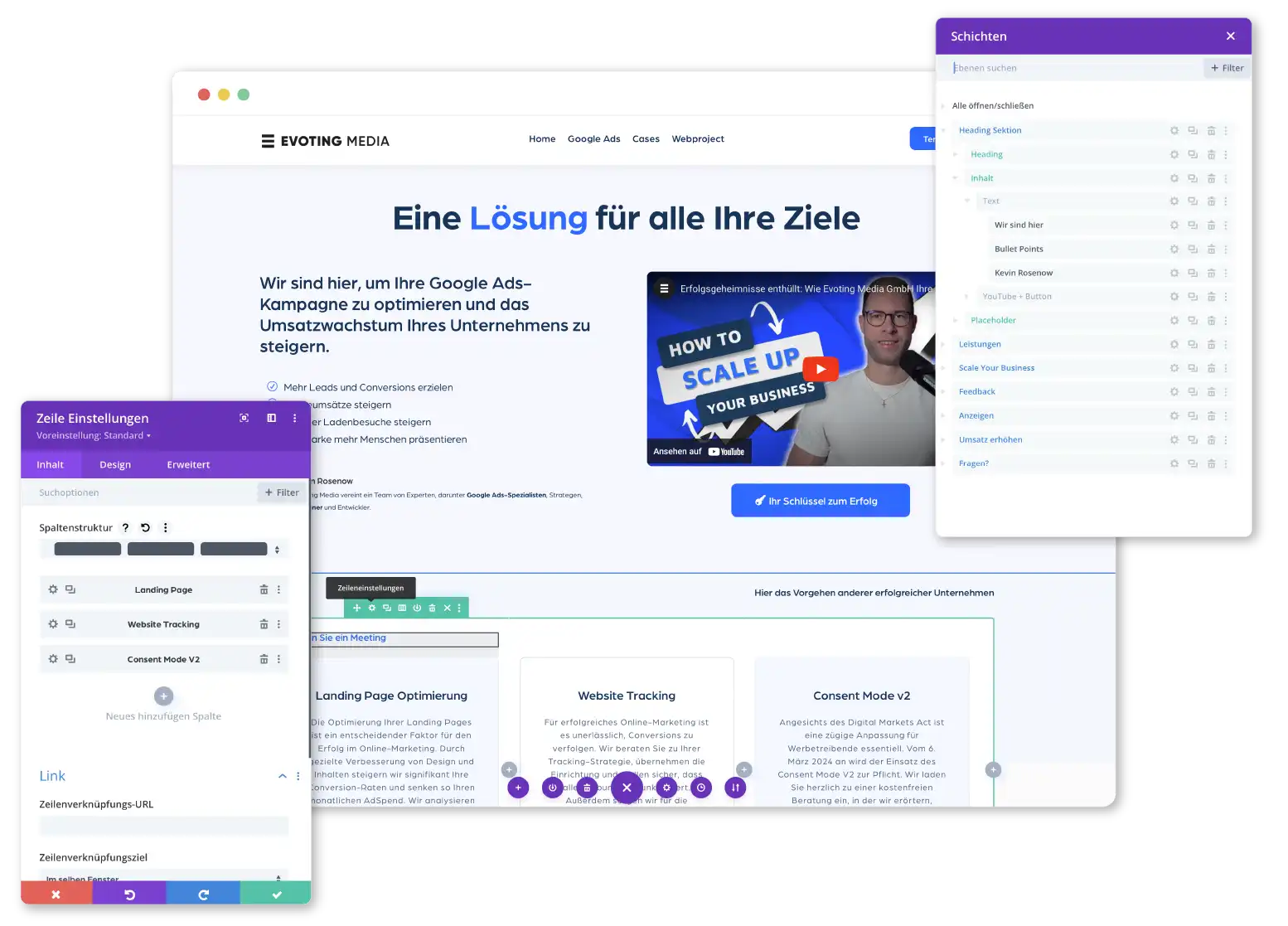 Screenshot des Divi Editors mit der geöffneten Website der Evoting Media GmbH, demonstriert einfache Website-Verwaltung